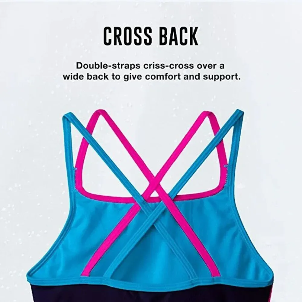 Speedo Girl's Swimsuit One Piece Solid Cross Back Multi‎ Straps, Size 14